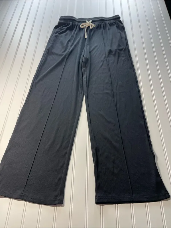 Boutique Black Ribbed Wide Leg Lounge Pants‎ Elastic Drawstring Athleisure Large - Image 2