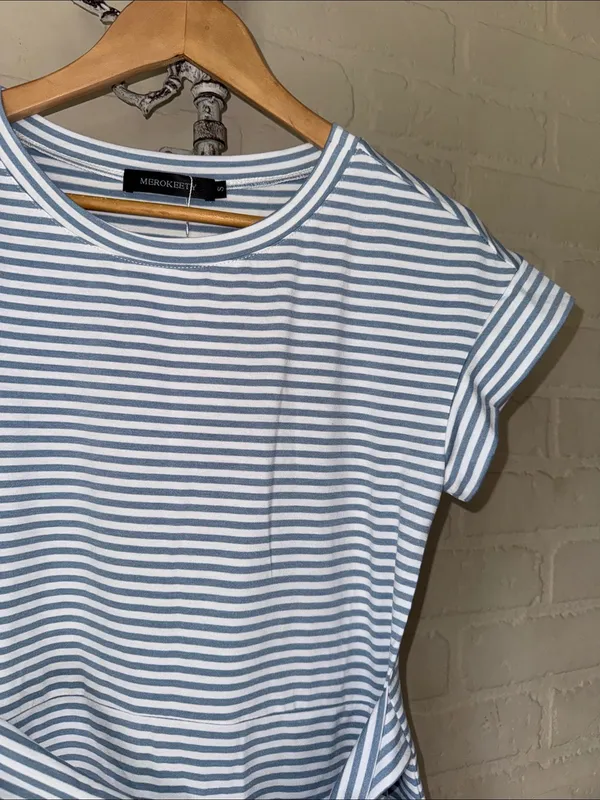 Merokeety dress Striped Tie Waist Casual Dress in Light Blue White pockets soft - Image 3