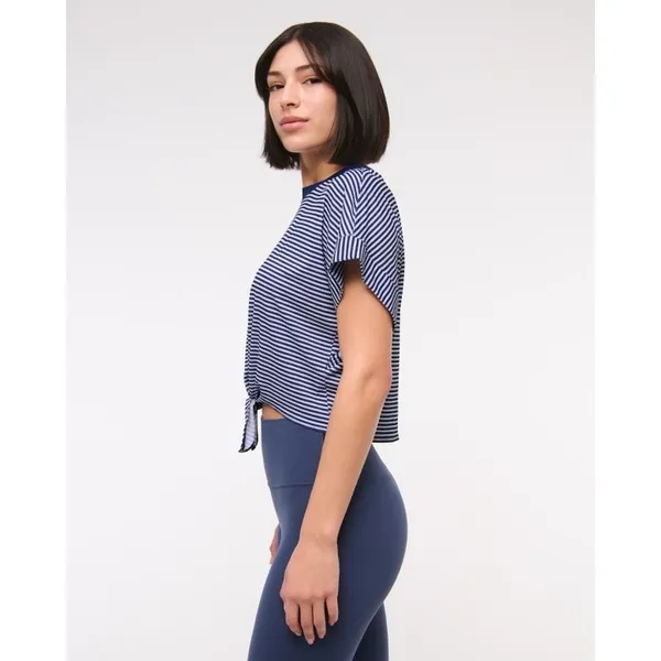 YPB Featherweight Tie-Front Tee Navy Blue Striped Active Crop Top XL - Image 5