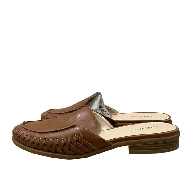 Nine West Juanita Brown Leather Braided Slip On Flat Mules‎ 10 - Image 2