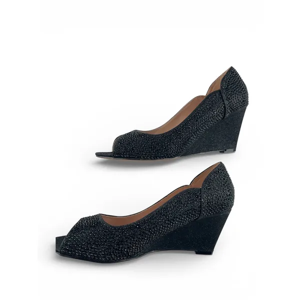 De Blossom Collection Black Rhinestone Glitter Peep Toe Wedge Heels Size‎ 9 - Image 3