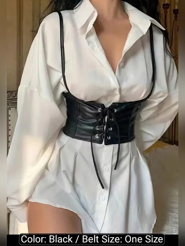 Black Lace Up Corset Style‎ Faux Leather Belt Waist Cincher One Size - Image 6