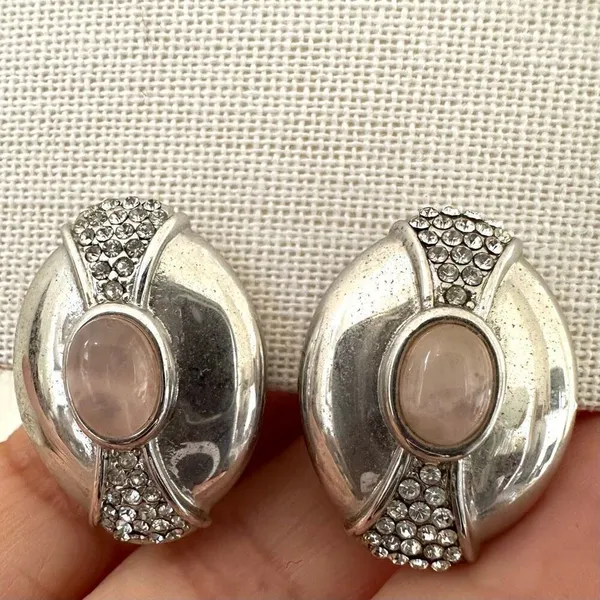 Alex Nicole by 1928 silver tone rose quartz vintage clip on earrings - Image 2