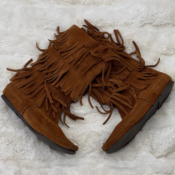 MINNETONKA Brown Suede Three Layer Fringe Boots, Size 9 - Image 2