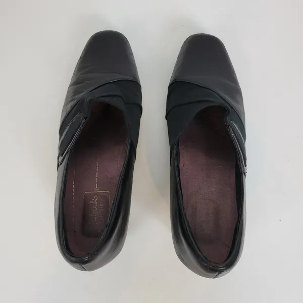 Clarks Womens Shoes Size 7.5 Black Leather Sugar Spice Heeled Slip On Pumps - Image 3