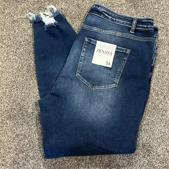 Zenana Button Fly Dark Wash Raw Hem Skinny Jeans – Size 36 NWT - Image 2