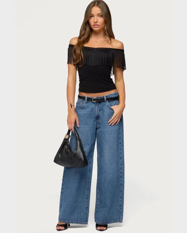 Edikted Catelina Fringe Off Shoulder Top - Image 2