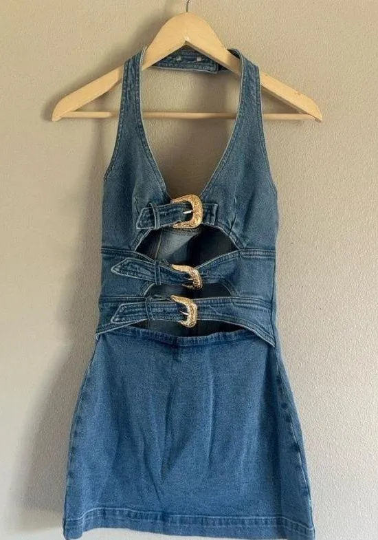 Nwt Halter Neck Denim Dress Buckle Details Commense M - Image 2