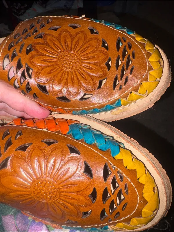 Paola Alexa mexican Brown Leather Floral Cutout Sandals with Orange Laces 8/9 - Image 7