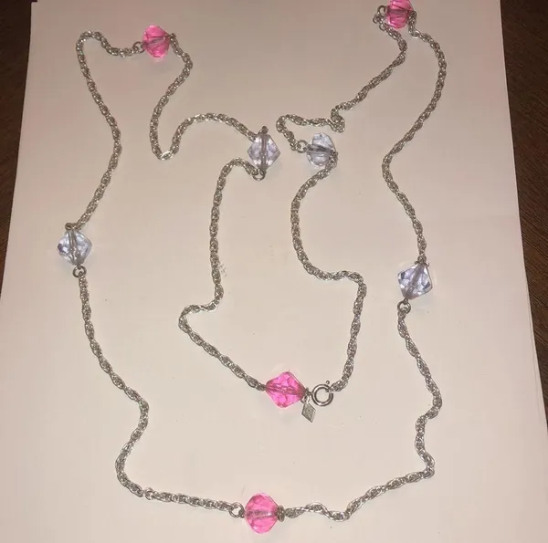 Sarah Coventry Vintage Silver Tone Pink & Blue Beaded Boho Necklace - Image 3