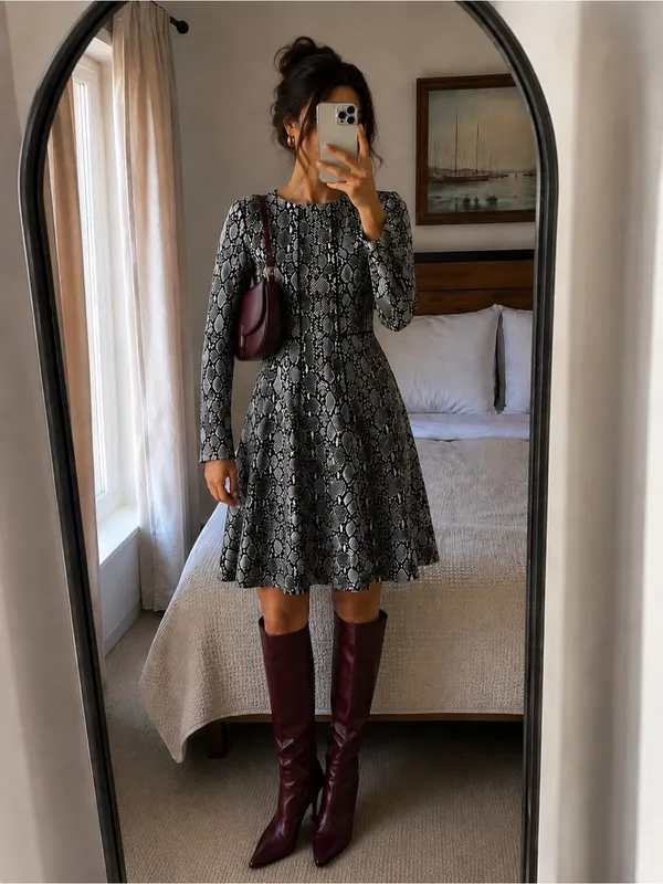 NWOT Michael Kors Snake Print Fit & Flare Dress Size 2 Black Gray Long Sleeve - Image 9