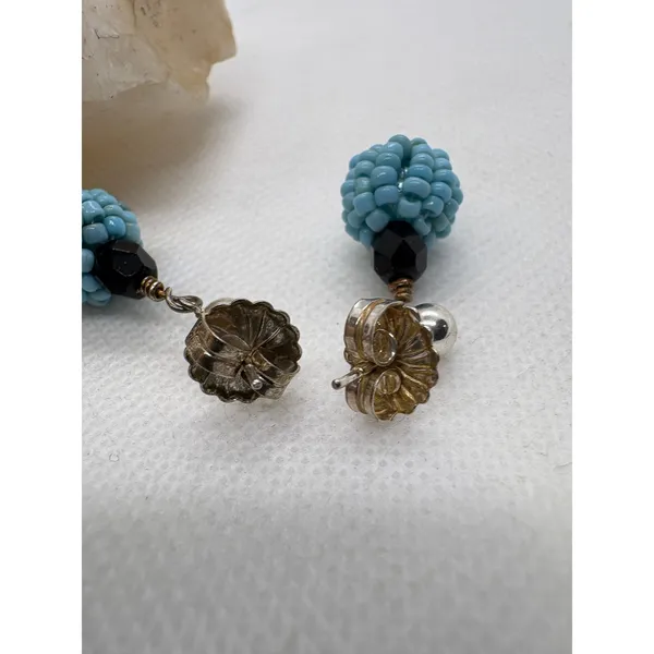 Vintage Sterling Silver Beaded Drop Earrings Turquoise Blue Black 925 Dangle - Image 5
