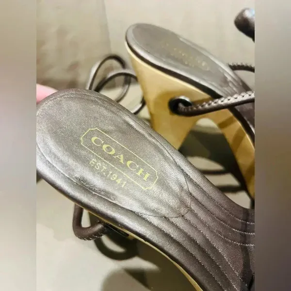Coach Bronze Brown Leather Strappy Wooden Heel Sandals Modern Minimalist - Image 16