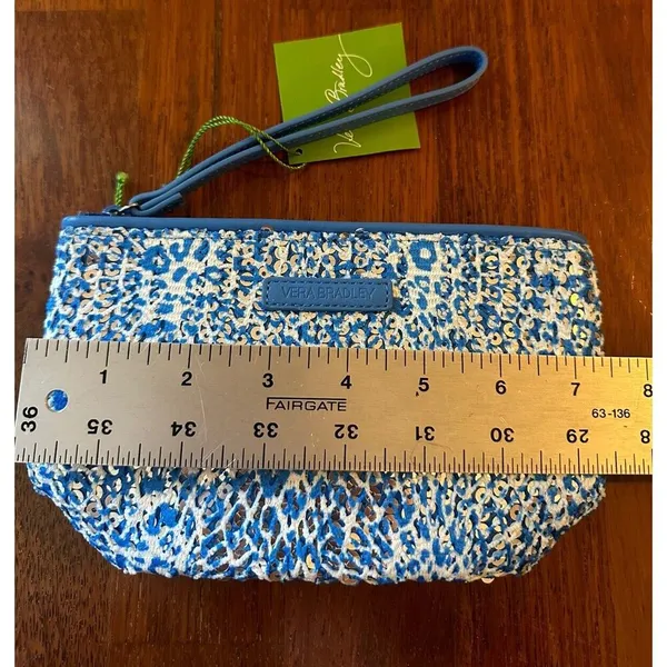 VERA BRADLEY Mesh Sequin Wristlet Purse Camocat Blue Sparkly Animal Print NEW - Image 4