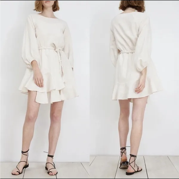Apiece Apart Sabine Linen Cotton Mini Dress‎ Asymmetric Belted Size 8 - Image 2