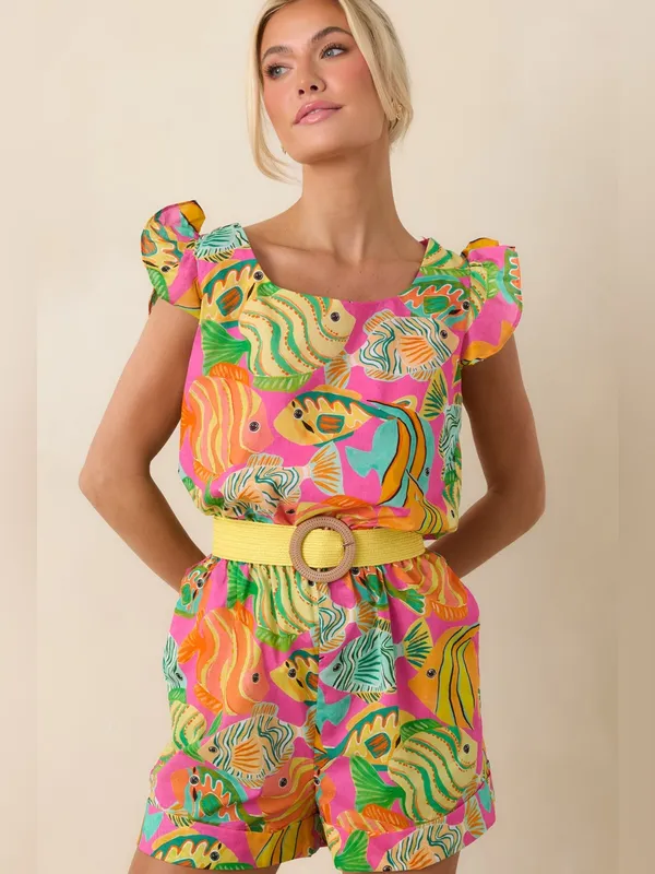 Paradisa Melbourne Pink Multi Cotton Fish Print Romper Size Small - Image 2