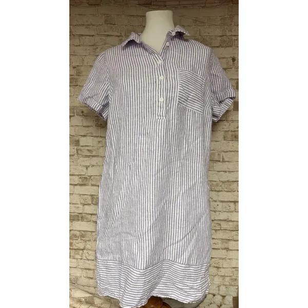 Garnet Hill Suns Out linen relaxed popover shirt dress striped purple Medium - Image 2