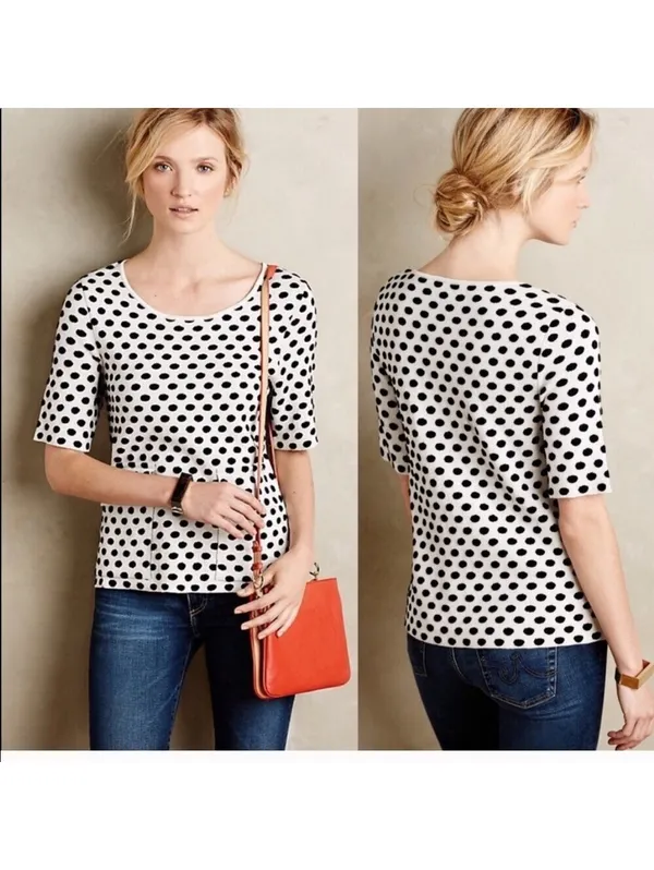Anthropologie Moth EUC Women's Black White Polka Dot Jacquard Knit Sweater S - Image 2