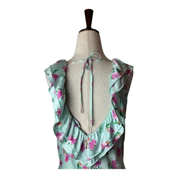 Zara Dress Women Medium Blue Pink Floral Satin Ruffle Trim Midi Slip‎ Dress Boho - Image 8