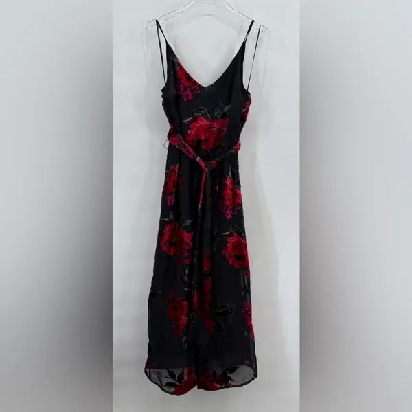 Anthropologie Ettwa Burnout Velvet Jumpsuit Black Red Floral Wide Leg‎ small - Image 4