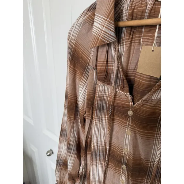 Blu Pepper Pullover Collared Top Faux Button Front Brown Plaid Size S - Image 7