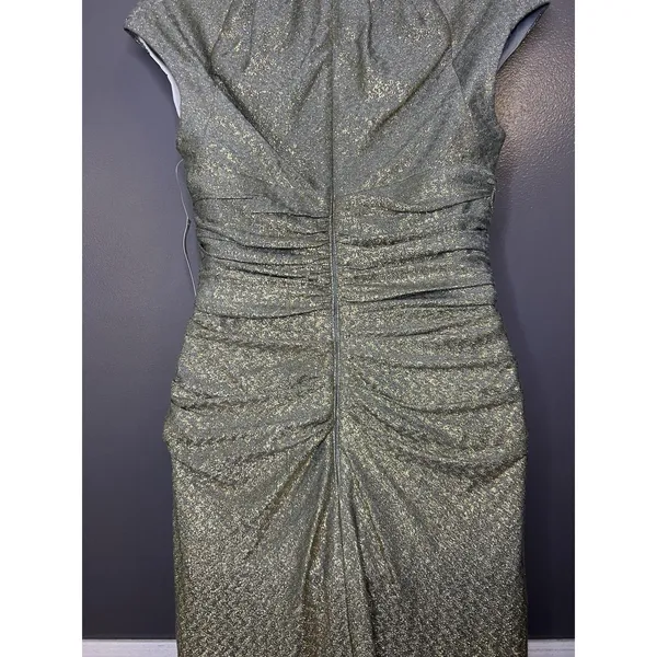 Maggy London Dress Womens 4 Gold Metallic Chevron Ruched V Neck Sheath Midi - Image 8