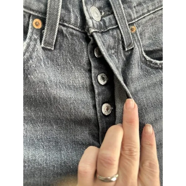 Levis Premium‎ 501 Jeans Women 27x 28 Black Denim Button Fly Straight Distressed - Image 9