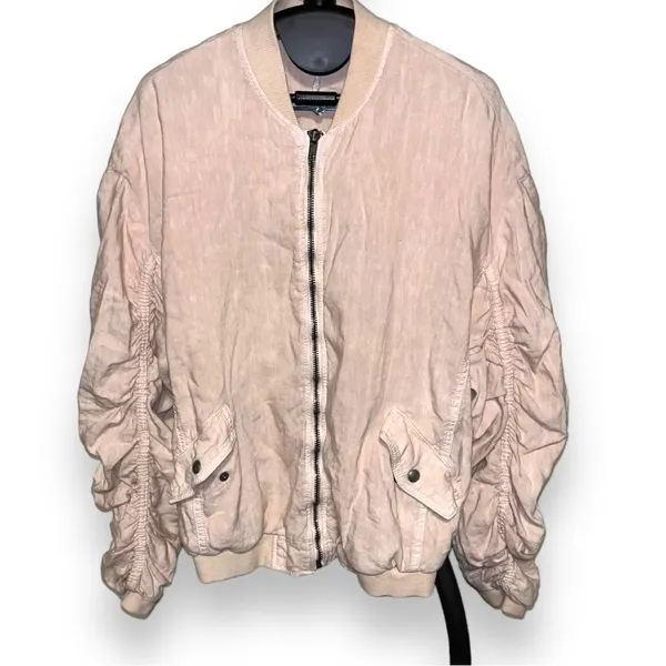 Free People Pale Pink Bomber Jacket Oversized Slouchy Linen Size XS - Image 2