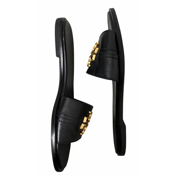 Tory Burch Everly‎ Calf Leather Gold Logo Slide Sandals Black Women's Size 7M - Image 7