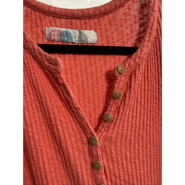 Free People FP Beach Henley‎ Mini Dress Womens Size S Coral Waffle Knit Boho - Image 4