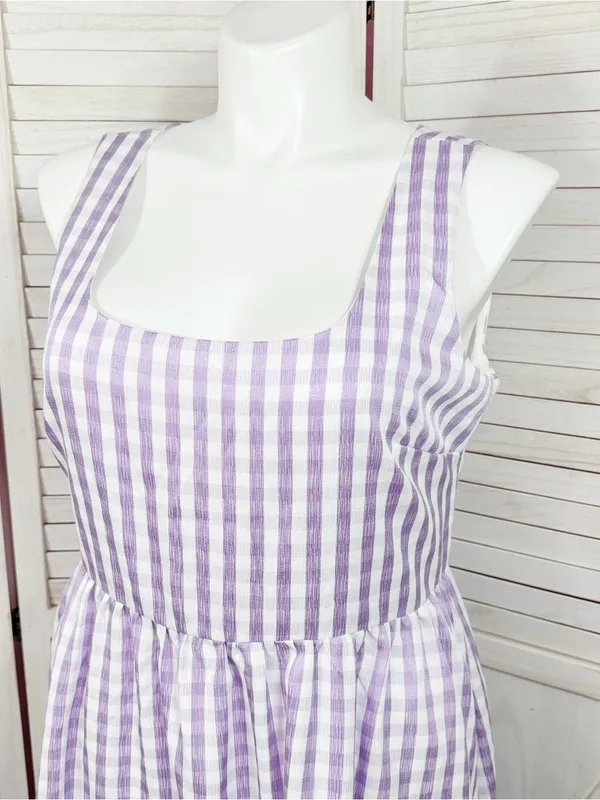 DKNY Gingham Check Square Neck Midi Dress Purple White 12 Cottagecore Sleeveless - Image 5