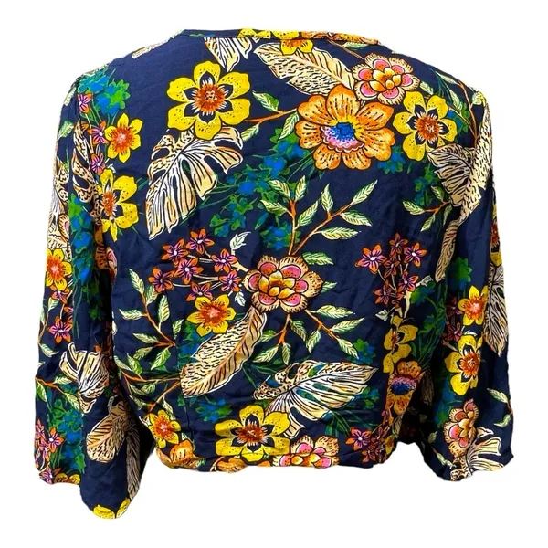 New Look Floral Tie-Front Crop Top Boho Kimono Sleeve Navy Multicolor Size M - Image 3