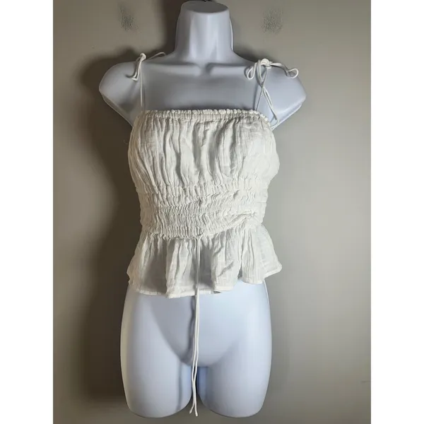 J.Crew White Smocked Peplum Cami Tie Shoulder Strap Top CA526 Summer 24 Small - Image 3
