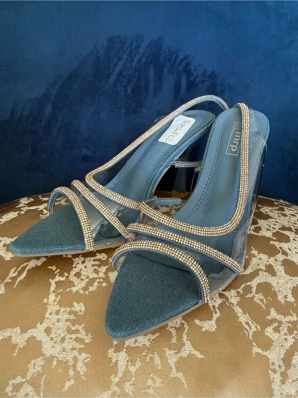Blue Jeweled Slingback Heels with Rhinestone Trim - Image 2