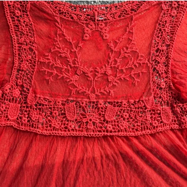 Pink Melo Red Mesh Crochet Lace Peplum Top Bell Sleeve Boho Large Festival Goth Dark Fairy - Image 5