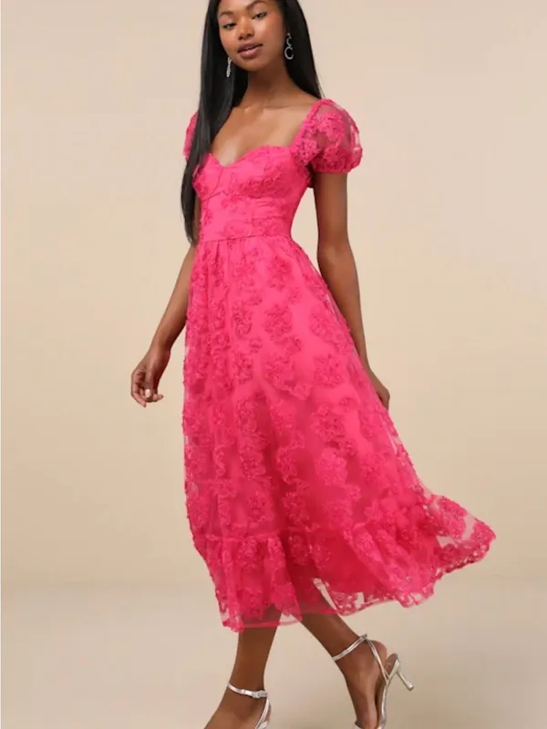 Lulu's Fuchsia Lace Midi Dress with Puff Sleeves - Image 3