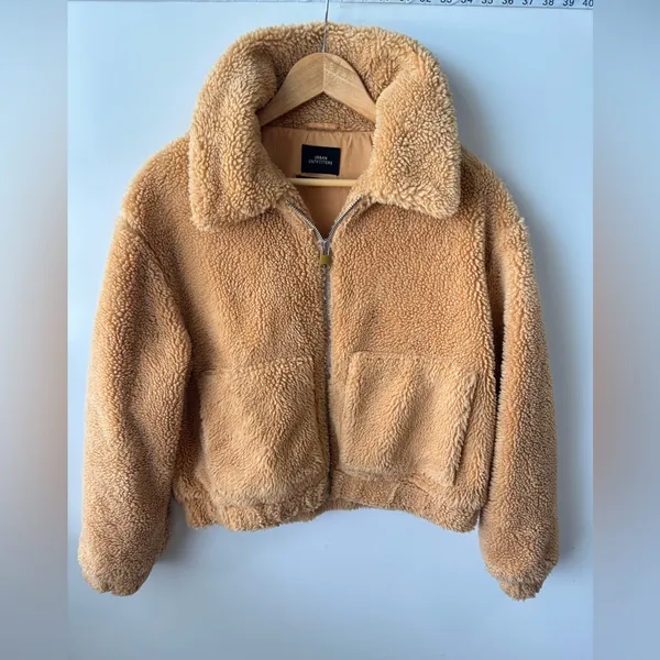 Urban Outfitters‎ Teddy Jacket Full Zip Up Cropped Beige Coat Size Medium - Image 2