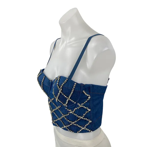 Women's Blue Rhinestone Bustier Corset Sleeveless Denim Jean Crop Top Size 6 - Image 2