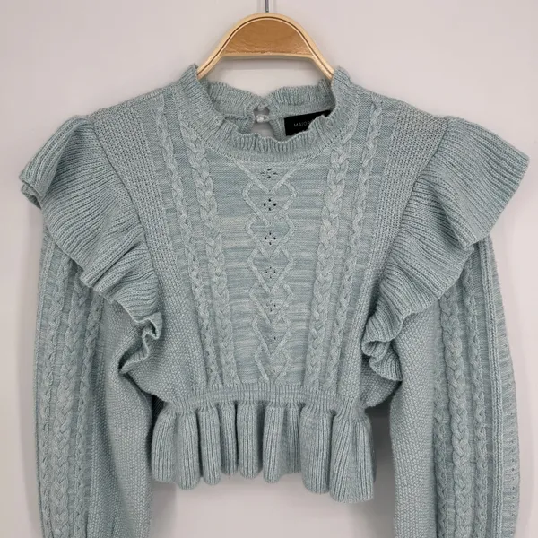 MAJORELLE Langley Cable Ruffle Sweater Small Blue Coquette Cottagecore Boho - Image 5