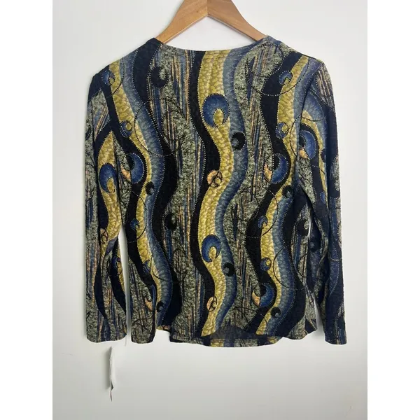 NWT! Sharon Anthony MD Blue Gold Abstract Swirl Buckle Wrap Artsy Y2K Top Shirt - Image 5