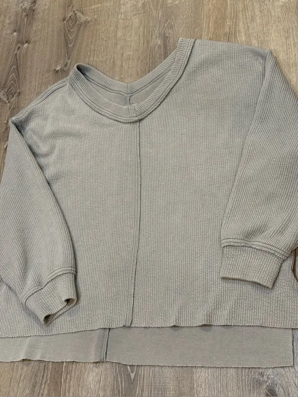 Aerie Wonder Textured V-Neck Sweatshirt Grey Size Large - Image 4