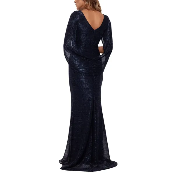Betsy & Adam Womens Long Metallic Cape Gown A24013D Navy Blue / Royal 4 - Image 8