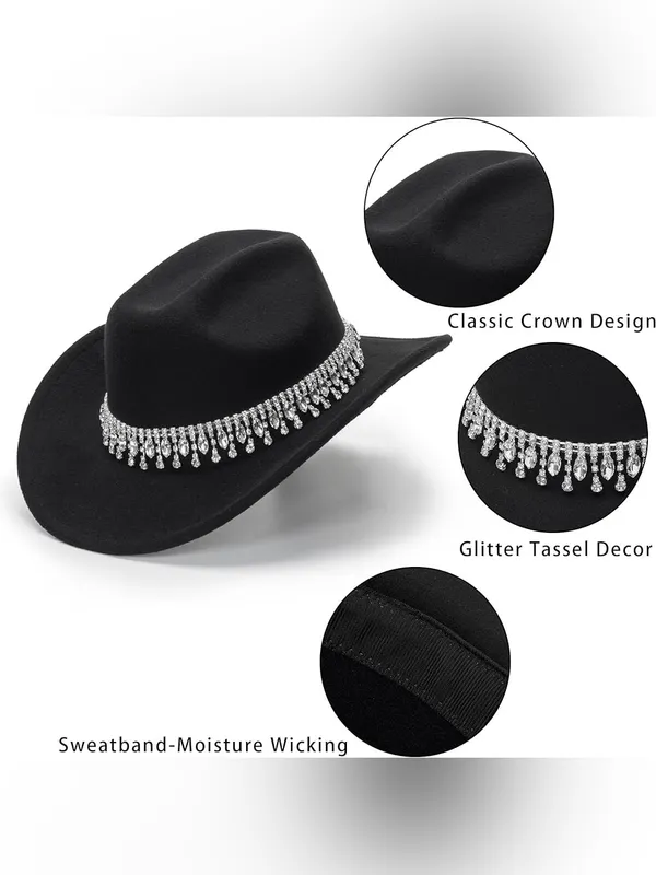 NEW Glitter Silver Black Cowboy Hats Women Western Rhinestone Cowgirl Hat - Image 4