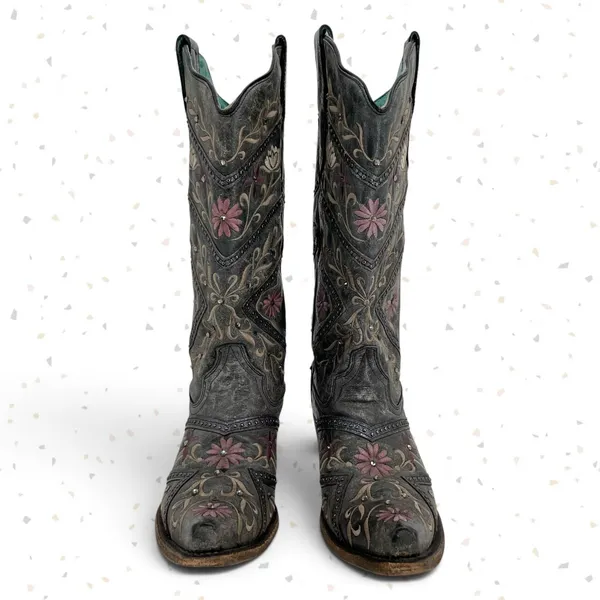 Corral Western Cowboy Boots Gray Floral Gems Embroidered Country Concert Size 9 - Image 7