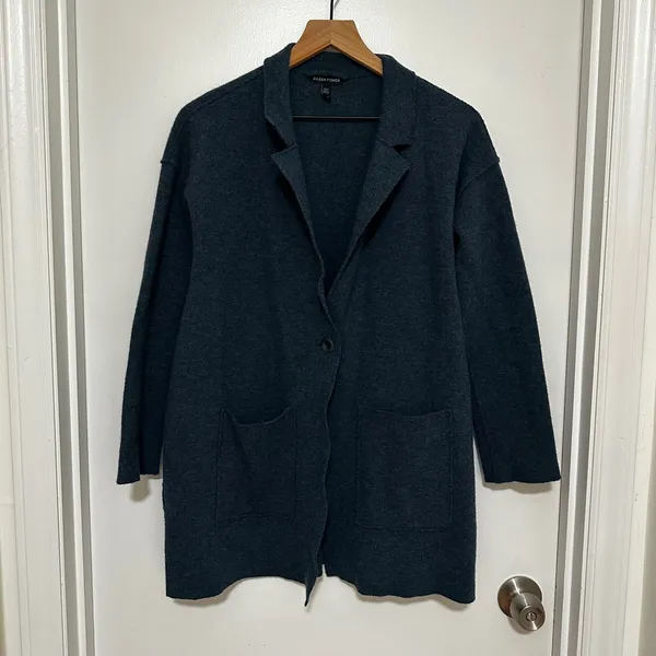 Eileen Fisher | Merino Wool Blend Teal Blue Notched Lapel Cardigan Blazer, S - Image 2