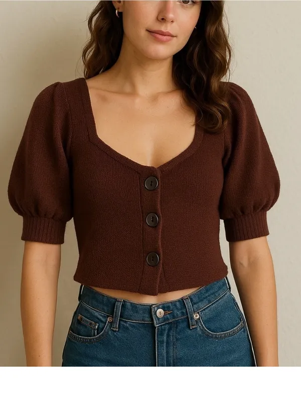 Free People Brown Cropped Puff Sleeve Cardigan - Image 10