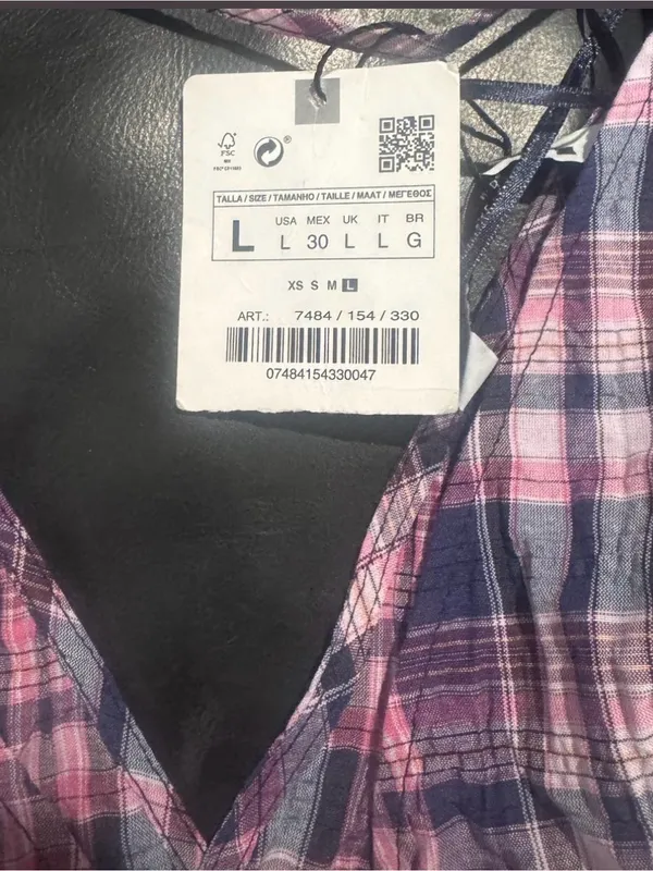 Zara Pink & Navy Plaid V-Neck Smocked Crop Top - Image 2