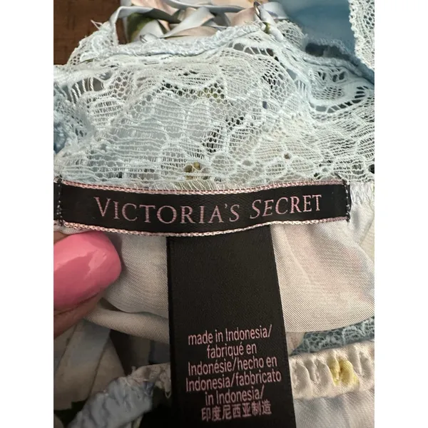 VICTORIA'S SECRET Blue LACE SATIN CAMI Pajama Babydoll S Lounge SET FLORAL I19-1 - Image 4