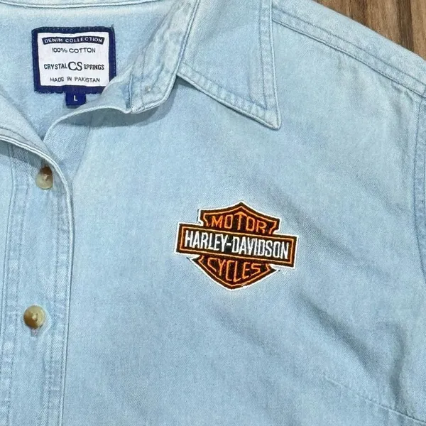 Harley Davidson Vintage Embroidered Naples Button Down Denim Shirt Women’s Large - Image 2