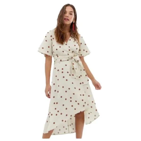 Moon River Polka Dot Midi dress SIZE MEDIUM Cream/brown Linen Blend - Image 12